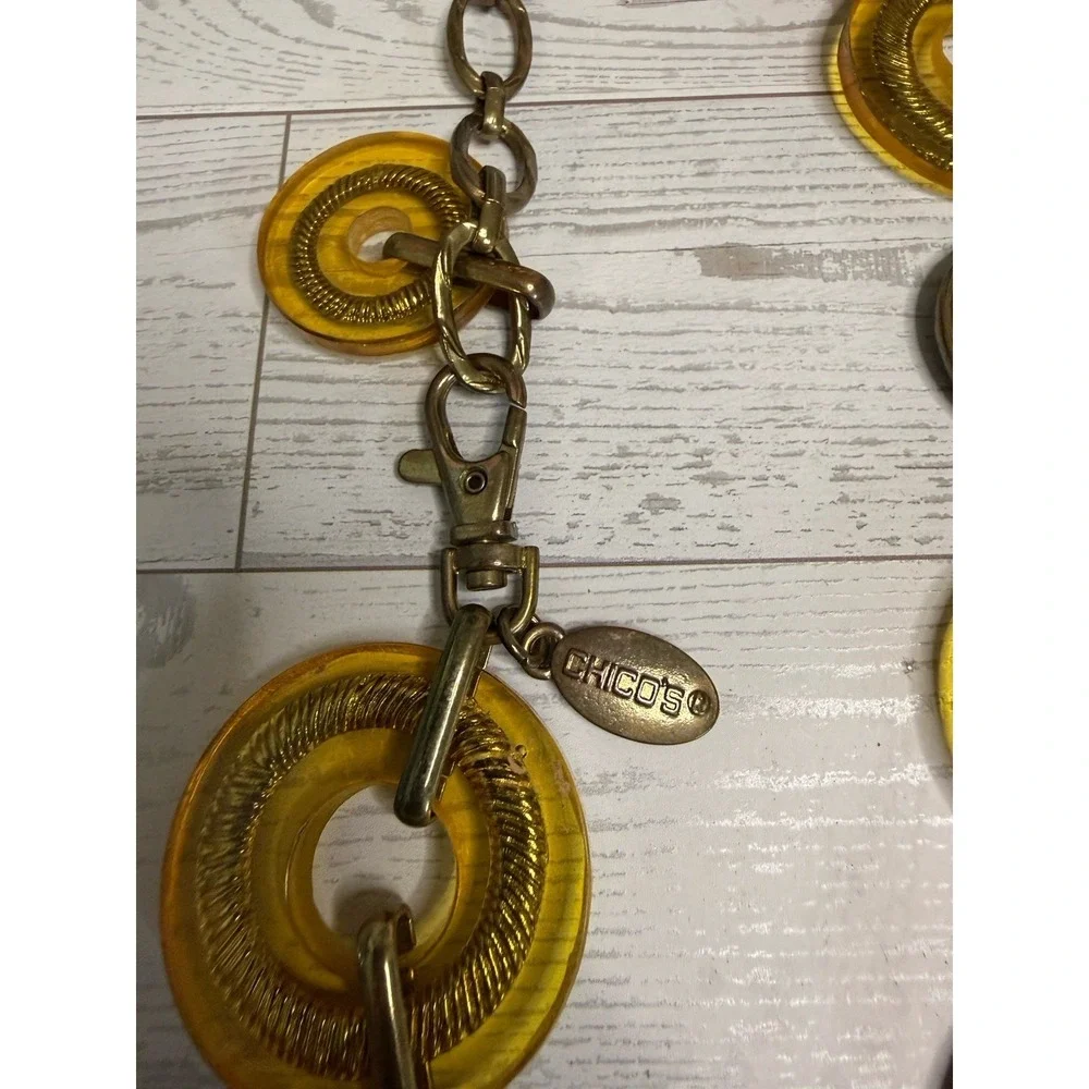 Chicos Metal Yellow Lucite Bronze Medallion‎ Chain Adjustable Belt Necklace 34